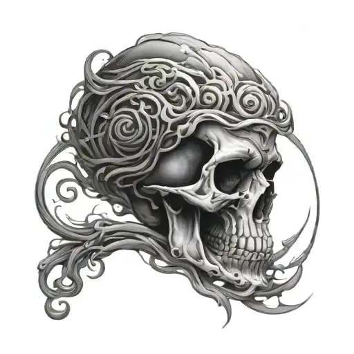 front facing skull makde of  spiraling dark clouds surrounding tattoo design idea