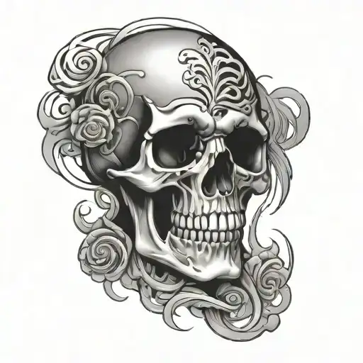 front facing skull coming out of spiraling dark clouds  tattoo design idea