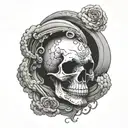 front facing skull inside dark spiraling clouds tattoo design idea