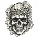 front facing skull inside dark spiraling clouds tattoo design idea