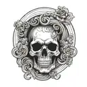 front facing skull inside dark spiraling clouds tattoo design idea