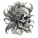 front facing skull makde of  spiraling dark clouds surrounding tattoo design idea