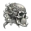 front facing skull makde of  spiraling dark clouds surrounding tattoo design idea