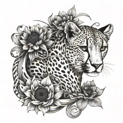 cheetah with sunflowers and infinity symbol intertwined tattoo design idea