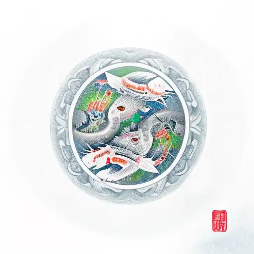 Heron looking down into a frozen pond with yin-yang koi in it. There's a willow tree in the background. tattoo design idea