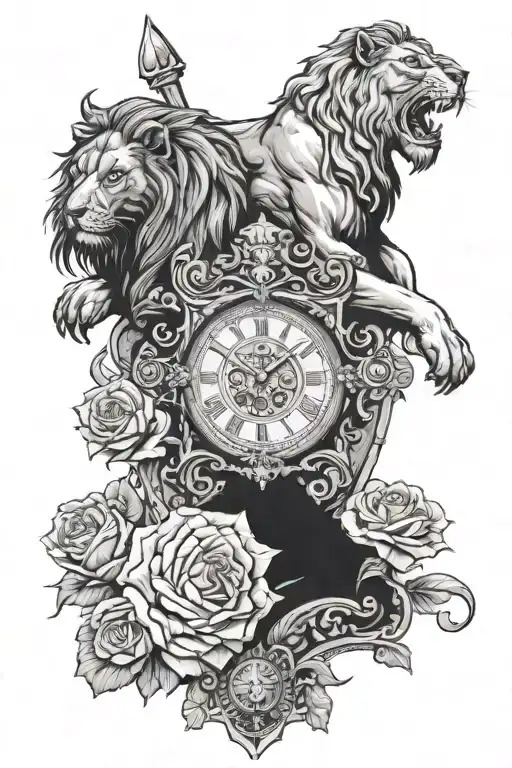 Medieval Scene featuring holy templars, shields emblazened with lion and rose, clock in background tattoo design idea