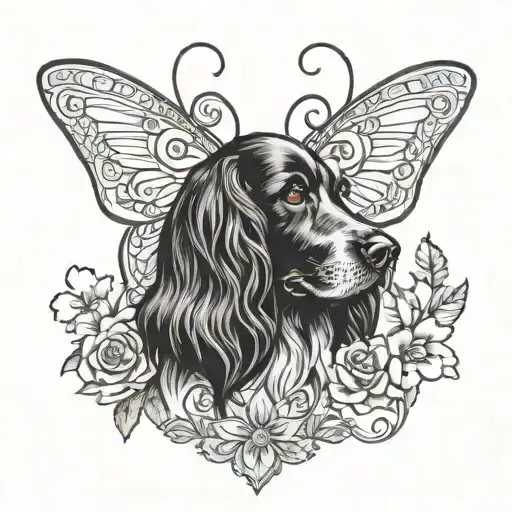 A unique design combining a black Spaniel dog with intricate butterfly wings on its back, capturing your favorite things in a creative way tattoo design idea