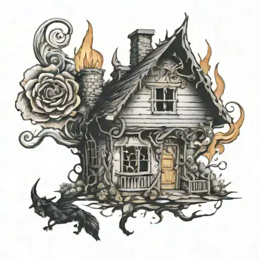 13 o'clock , witch on fire, burning house with firefighters, rose and lotus in comic tattoo design idea