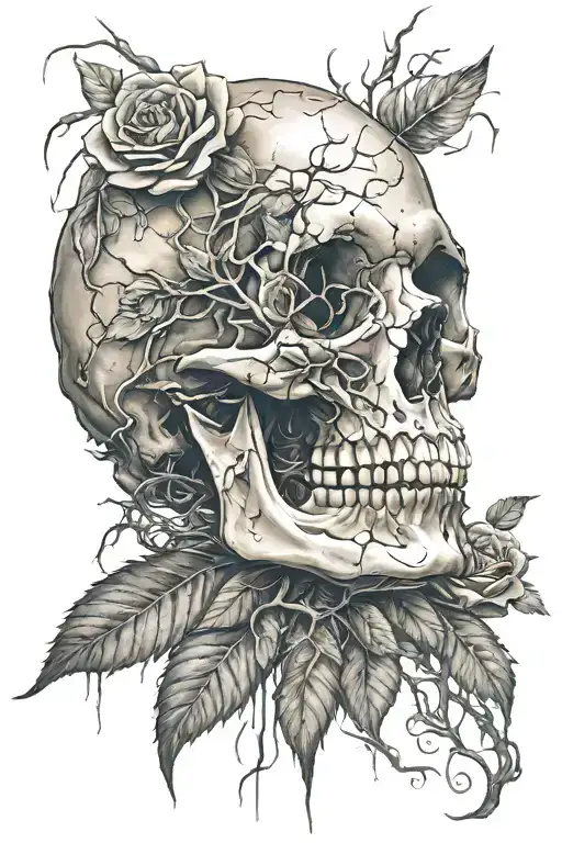 rose inside of decaying skull surrounded tattoo design idea