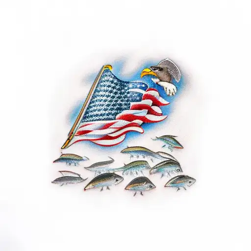 American flag sleave with hunting and fishing  tattoo design idea