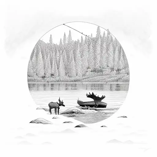 A serene lake scene with a fishing boat and a moose drinking water by the shore tattoo design idea