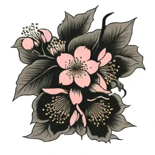 pink cherry blossom black and grey wind tattoo design idea