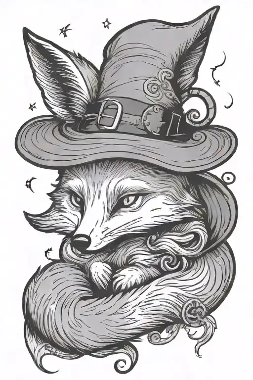 A cute cartoon fox curled up asleep wearing a large witch's hat, simple line drawing tattoo design idea