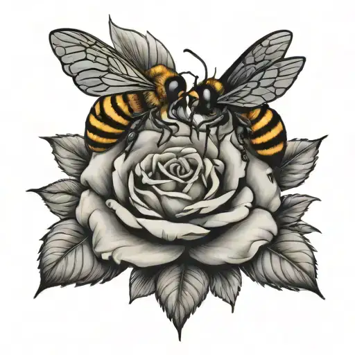 King Bee, Queen Bee & Baby Bee, rose surrounded tattoo design idea