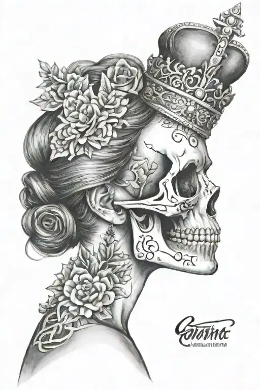 catrina kissing a skull with a king's crown tattoo design idea