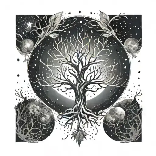 A manifestation tree with animal spirits as its leaves, reaching towards the stars in the universe tattoo design idea