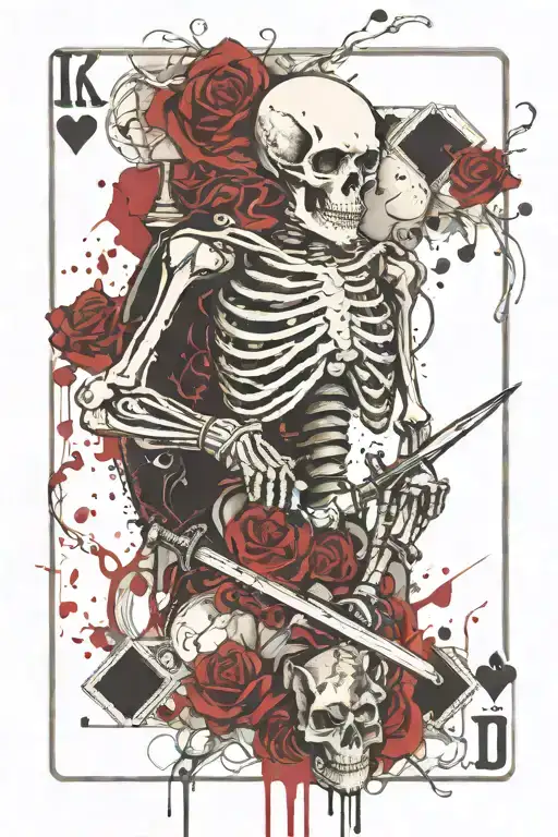 a skeleton with a sword and an inverted king in a playing card tattoo design idea