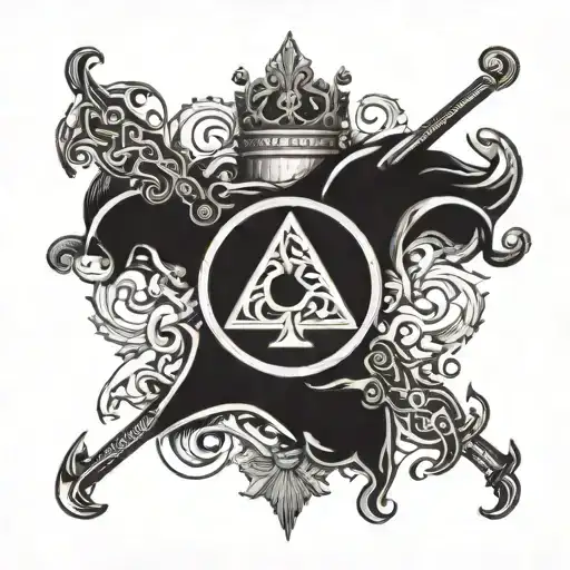 playing card, on one side a secret with swords in fire and on the other a king tattoo design idea