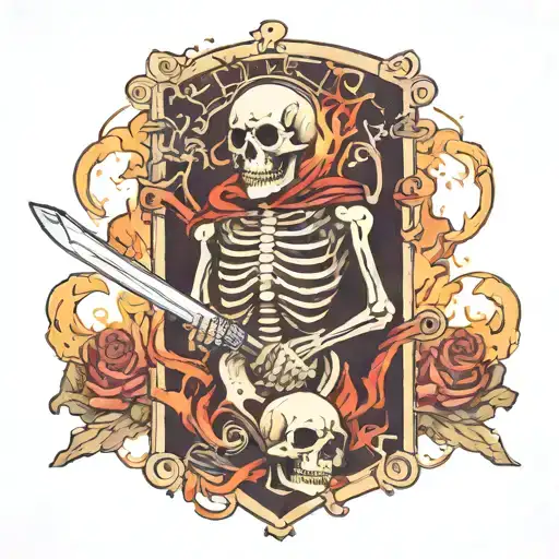 playing card, on one side a skeleton with a sword on fire and on the other a king tattoo design idea