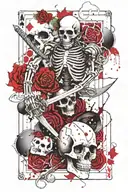 a skeleton with a sword and an inverted king in a playing card tattoo design idea