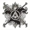 playing card, on one side a secret with swords in fire and on the other a king tattoo design idea