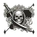 playing card, on one side a secret with swords in fire and on the other a king tattoo design idea