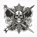 playing card, on one side a secret with swords in fire and on the other a king tattoo design idea