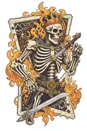 a skeleton on fire with a two-handed sword and an upside-down king in a playing card tattoo design idea