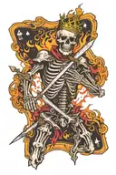 a skeleton on fire with a two-handed sword and an upside-down king in a playing card tattoo design idea