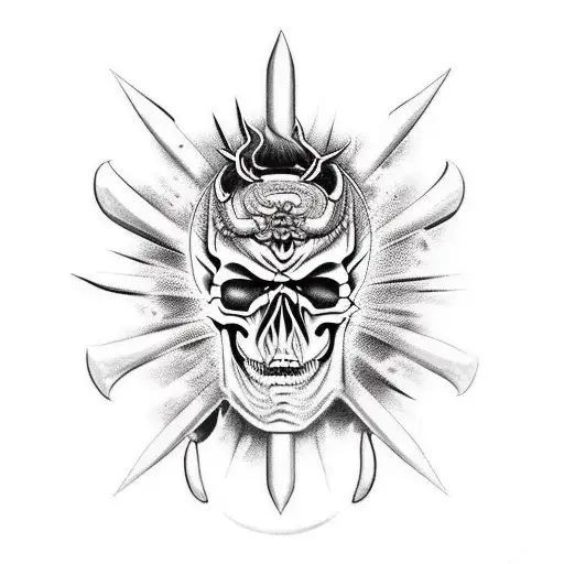 skull merged with oni mask fire and sacred geometry background realism knife and pen behing skull tattoo design idea