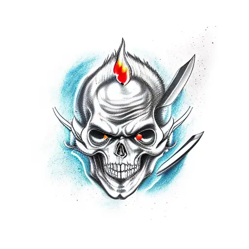 burning skull wearing broken oni mask with a chef's knife and pencil behind  tattoo design idea
