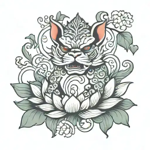 fu dog lotus flower tattoo design idea