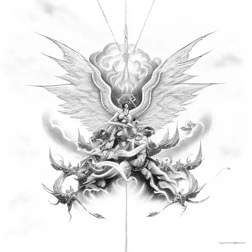 A group of angels and demons engaged in an epic aerial battle amidst dark storm clouds tattoo design idea