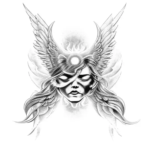 An angel and a demon locked in an intense battle, surrounded by swirling flames tattoo design idea