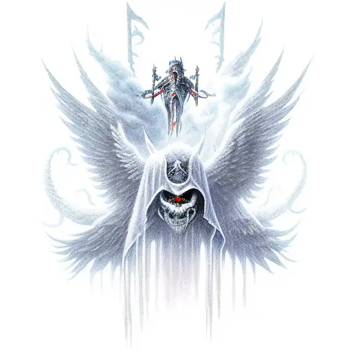 A group of angels and demons engaged in an epic aerial battle amidst dark storm clouds tattoo design idea