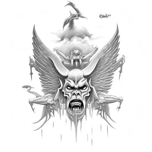 A group of angels and demons engaged in an epic aerial battle amidst dark storm clouds tattoo design idea