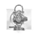 A tattoo of a carousel horse intertwined with fitness equipment and camera gear, representing the client's diverse occupations tattoo design idea