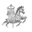 A tattoo of a carousel horse intertwined with fitness equipment and camera gear, representing the client's diverse occupations tattoo design idea
