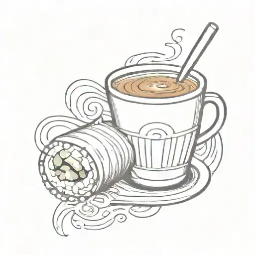A sketch style tattoo of a coffee cup and sushi roll forming a music note tattoo design idea