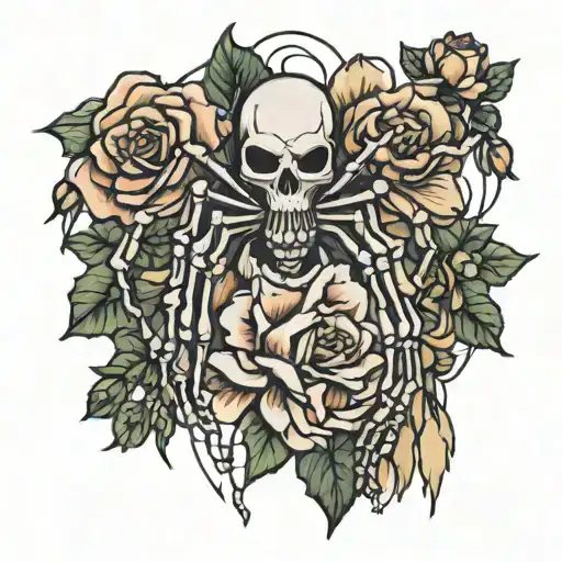 thin spider, skeleton hand with flowers tattoo design idea
