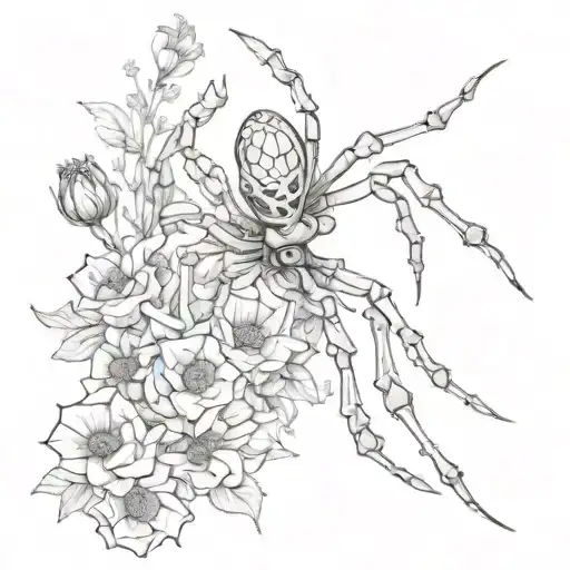 a spider crawling on a skeleton hand with unfilled flowers tattoo design idea