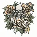 thin spider, skeleton hand with flowers tattoo design idea