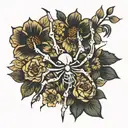 thin spider, skeleton hand with flowers tattoo design idea