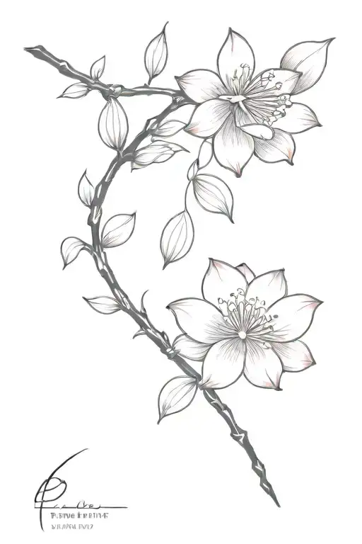 black long stem, pink cherry blossoms and lotus flowers emerging and pink cherry blossom petals falling  tattoo design idea