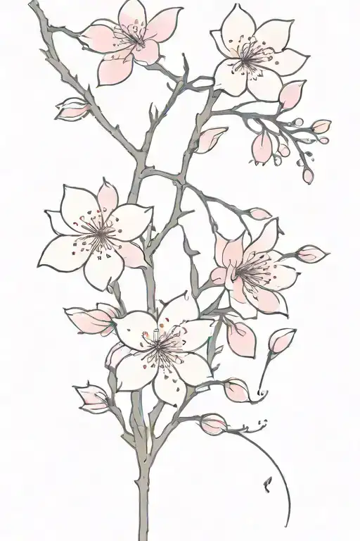 back tattoo and black long stem, pink cherry blossoms, pink cherry blossom petals falling  tattoo design idea