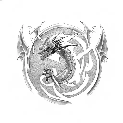 dragon with a phrase "panta rei" in old english font tattoo design idea