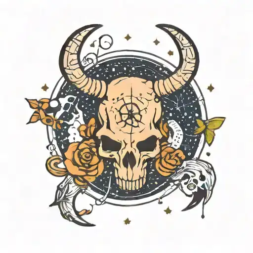 cancer pisces symbol with constellation intertwined longhorn skull tattoo design idea