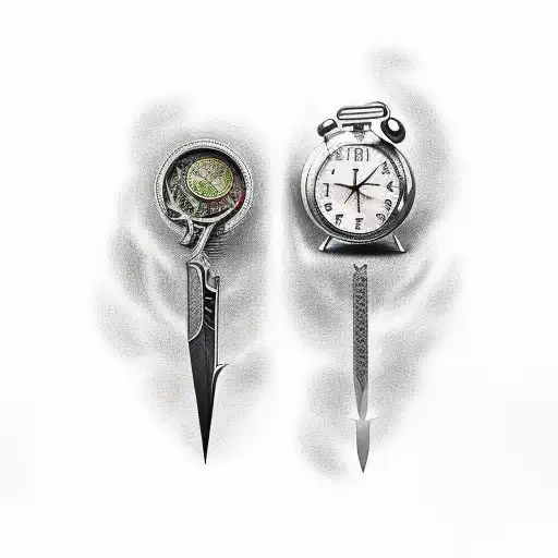 time with money and sword tattoo design idea