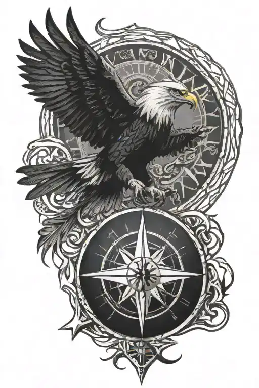 A full sleeve tattoo including an eagle, cross, compass, in a tribal pattern in only black. tattoo design idea