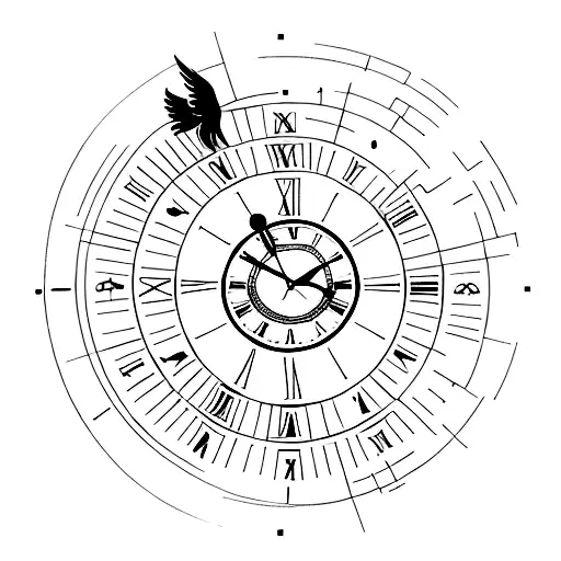 A minimalist tattoo of a clock with wings, symbolizing the fleeting nature of time and the motivation to make the most of every moment. tattoo design idea